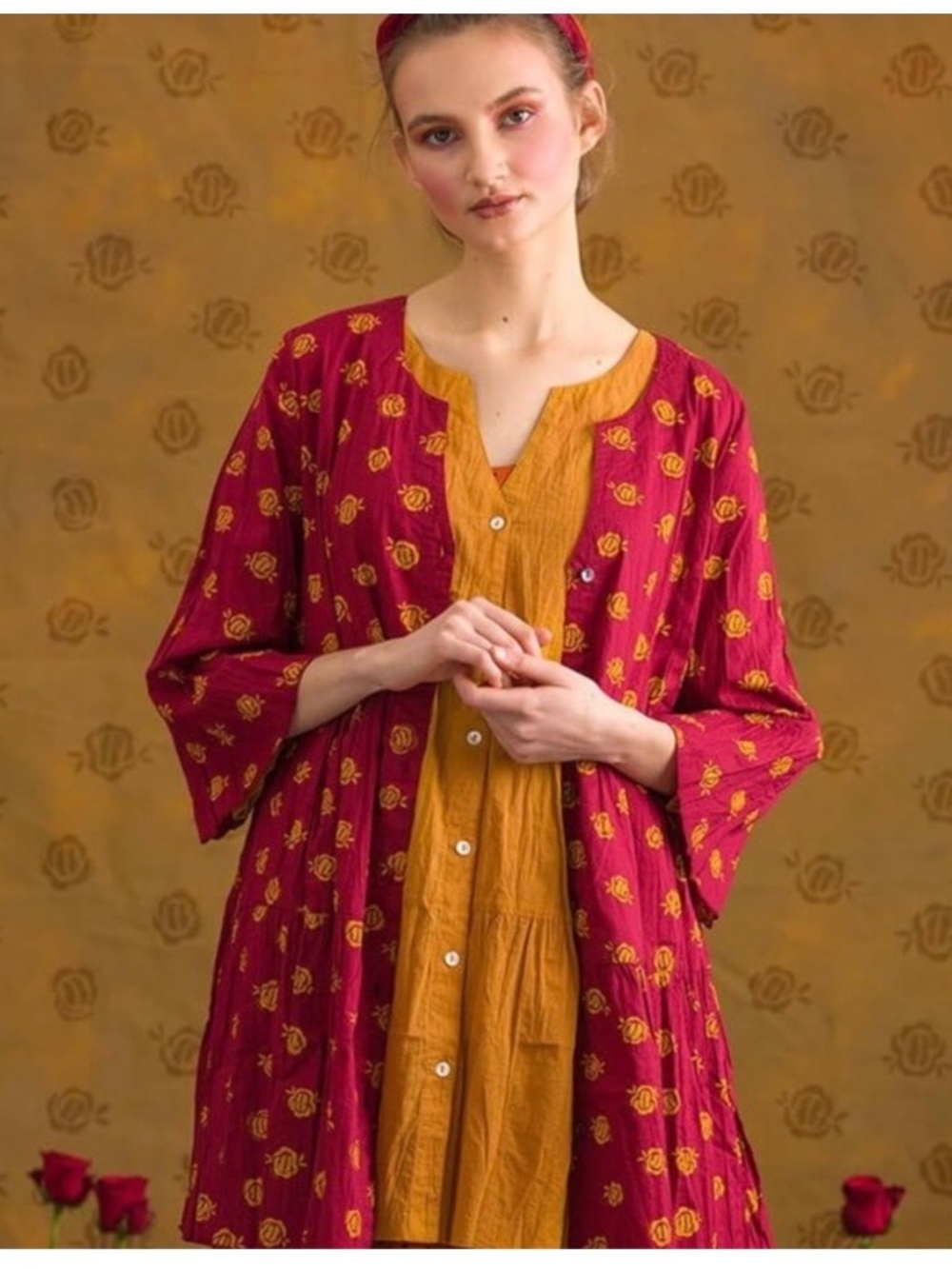 Gudrun Sjoden red blouse with yellow flowers button down 100% cotton XL